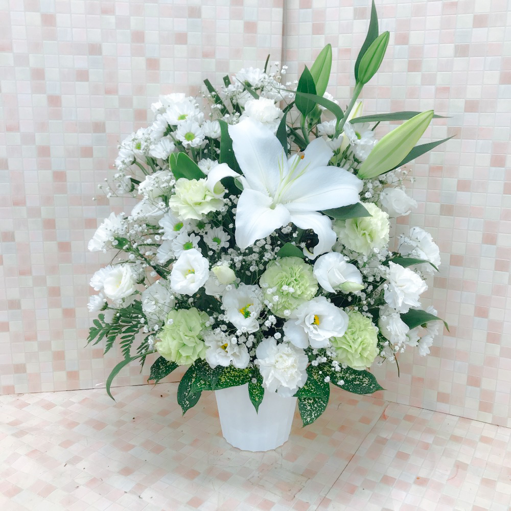 【御供】白ユリと洋花のアレンジメント〈グリーン〉（H55）
